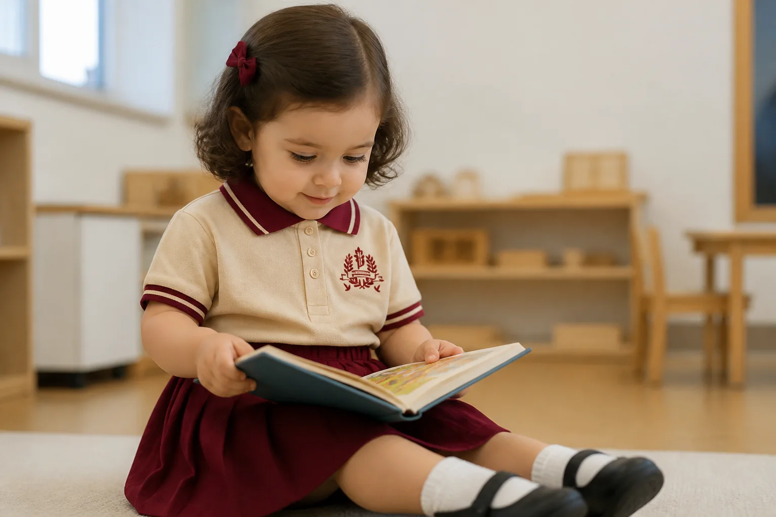 Criança da faixa etária do Infantil I lendo um livro